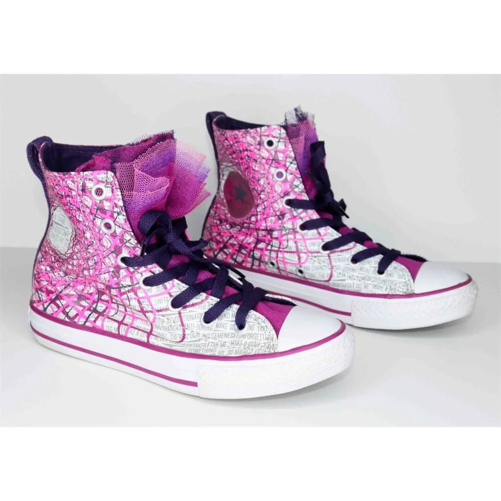 Converse Chuck Taylor Party Pink and Purple Hi Tops with Tulle-Junior Size 1.5